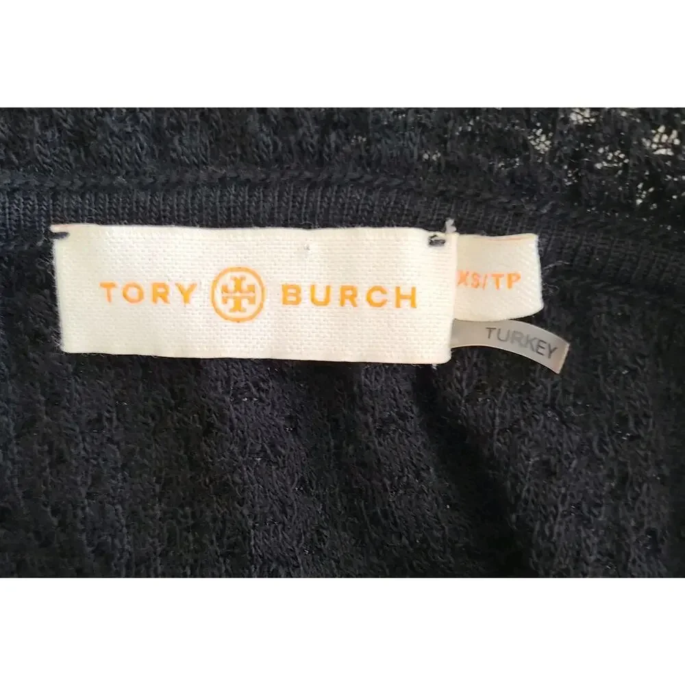Tory Burch Black Isabelle Wool Knit Dress XS Sweater Semi Sheer Ruffle Neck‎